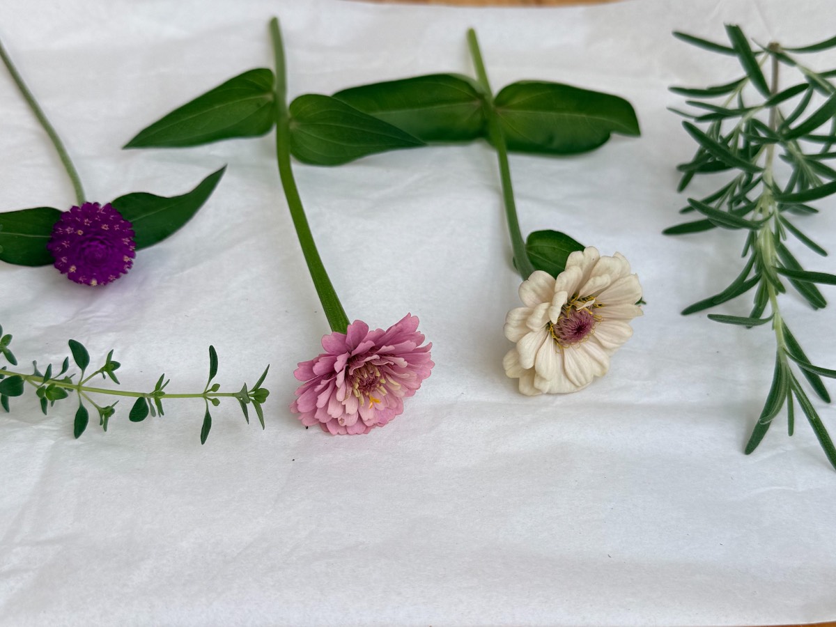 Three colorful flowers and two sprigs of herbs evoke summer styling on a crisp white paper background.