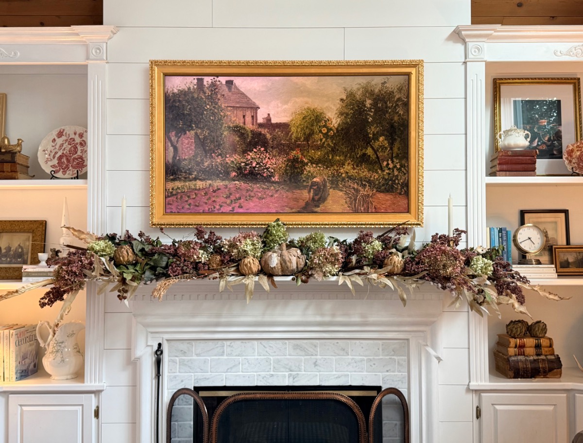 Foraged fall mantel with dried hydrangeas, and artichokes