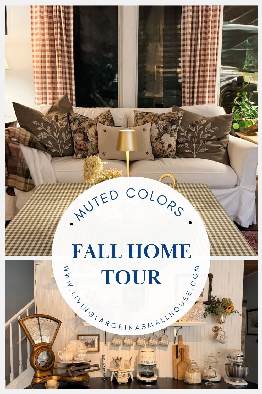 Cozy fall-themed living room and vintage kitchen with muted fall decor, decorative pillows, and checkered patterns.