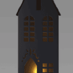 A black miniature house with lit windows and an open doorway, glowing warmly—perfect for stylish shopping displays.