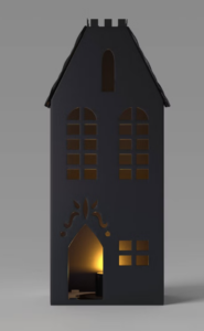 A black miniature house with lit windows and an open doorway, glowing warmly—perfect for stylish shopping displays.