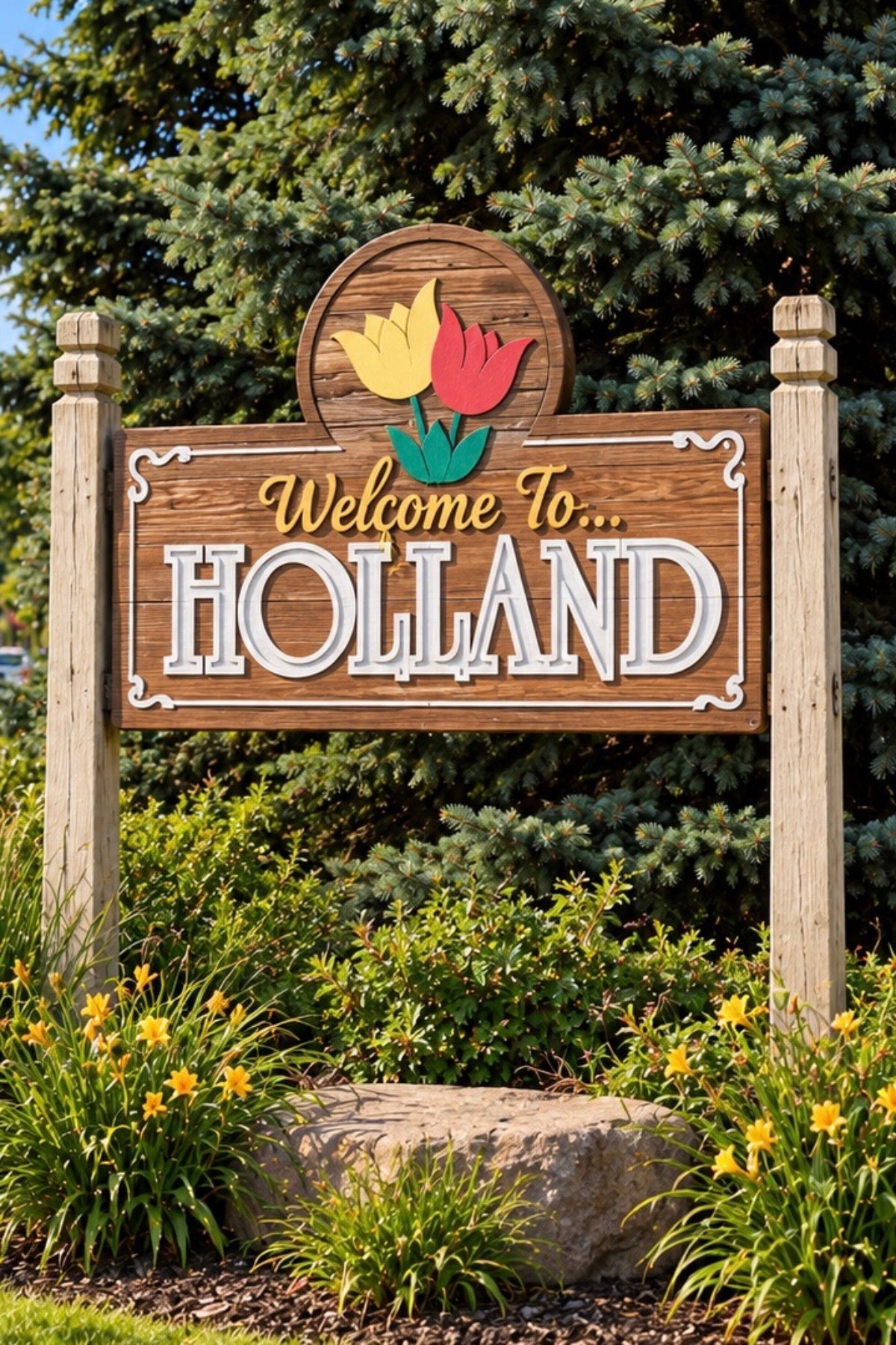 Wooden sign reads “Welcome to Holland” at a found cottage mercantile market, with tulips and lush greenery all around.