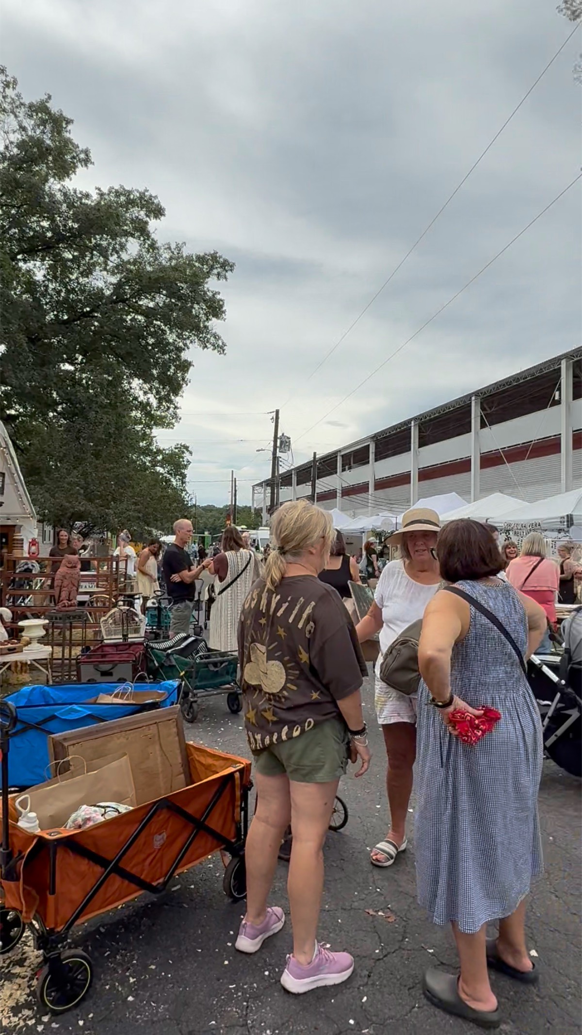 People gather at a found cottage mercantile market, chatting by stalls under a cloudy sky, with trees and buildings visible.