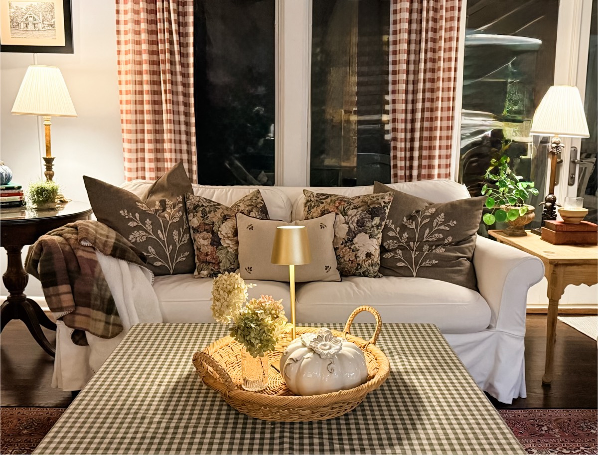 Cozy living room with a white sofa, floral pillows, and muted fall decor on a checkered coffee table and wicker tray.