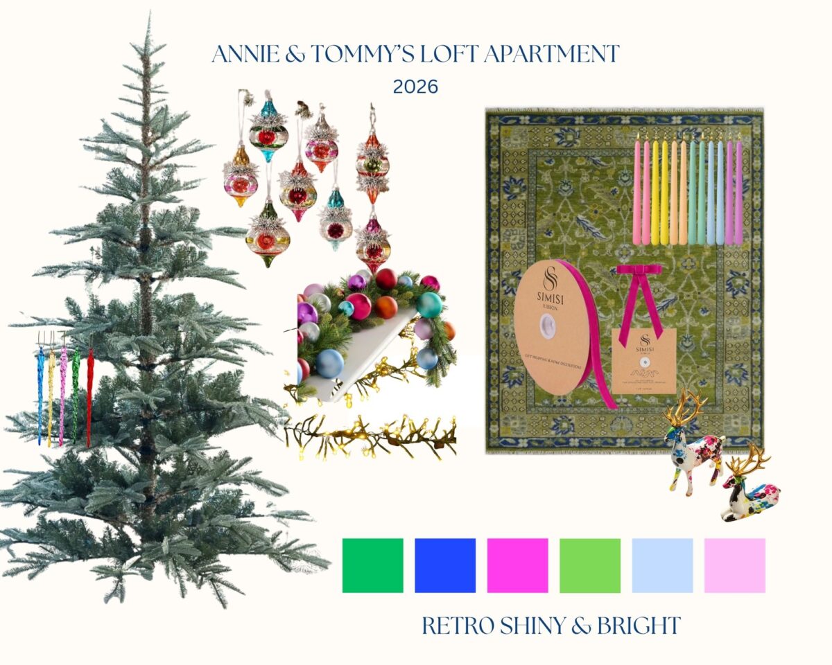 A mood board for “Annie & Tommy’s Loft Apartment 2026” featuring a Christmas tree with firecracker lights, a rug, and decor.