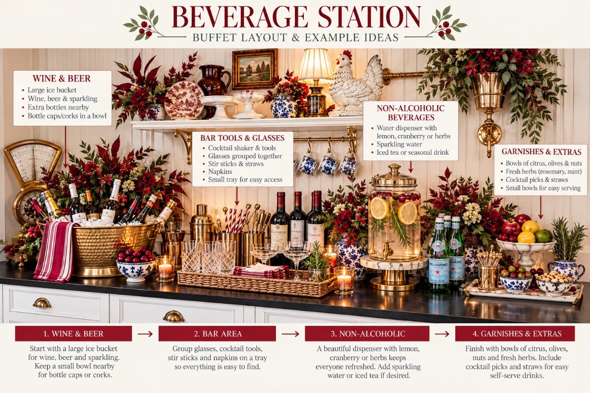 Infographic guide for a Thanksgiving hosting beverage station, detailing setup ideas for wine, bar tools, and garnishes.