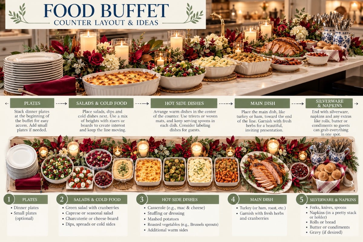 Infographic of a buffet table layout with numbered steps and hosting tips for a small house Thanksgiving.