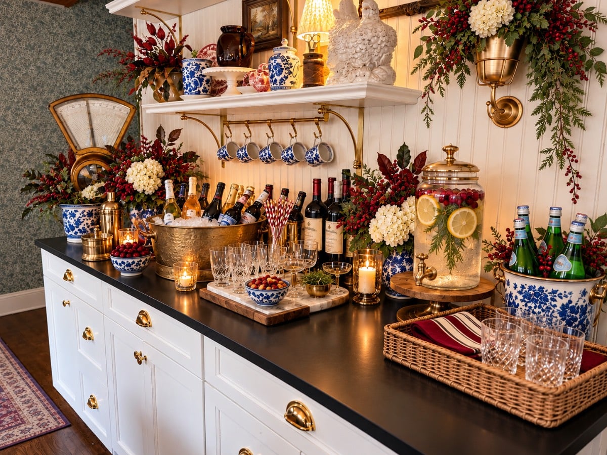 A holiday drink station with wine, lemon-garnished beverage dispensers, and glassware for small space Thanksgiving hosting.