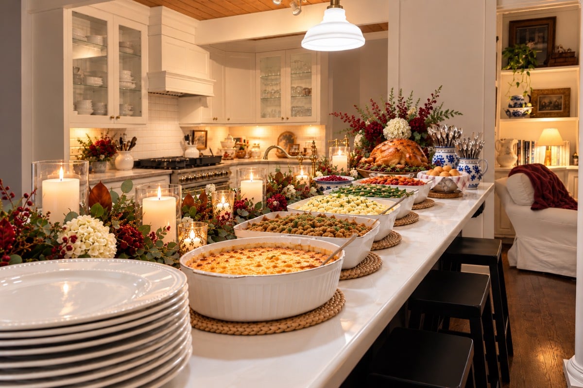 A long kitchen island set for a Thanksgiving buffet with various casserole dishes, a roast turkey, and a stack of plates.