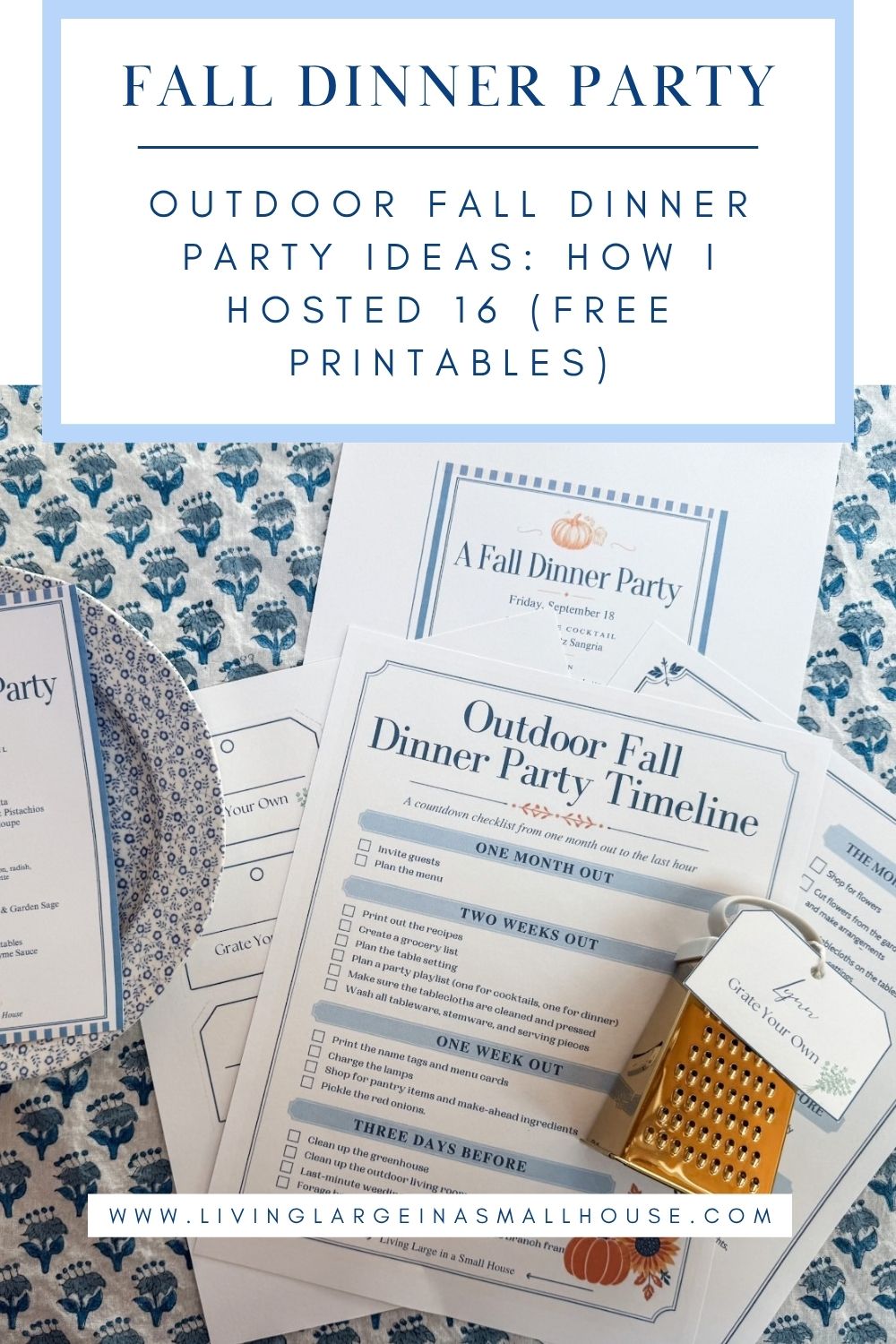 Fall dinner party planning printables and checklists with a small gold grater on a floral tablecloth.