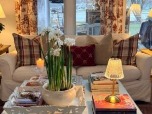 A living room coffee table featuring a pot of white narcissus flowers, a small lamp, and several stacked books.