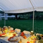 Host a magical outdoor dinner party at a long table with flowers and lights, overlooking a green lawn by the water.