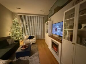 9 ft unlit King Noble Fir wrapped in firecracker lights in a Chicago loft.